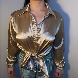PrettyLittleThing Gold Satin Button Down Shirt